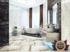 A modern and stylish corner of a living room, with metallic elements, comfortable armchairs and beige curtains.