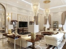Modern luxurious living room with wooden ceiling, marble floors, and grand double doors in cream tones.