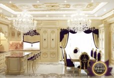 Luxurious bedroom with a classic U-shape design, stylish bed, and chandelier to provide a royal vibe in the room.