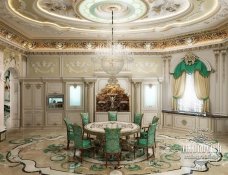 Luxurious interior combining modern and classic elements: royal wallpaper, marbled walls and furniture, refined artworks and carpet.