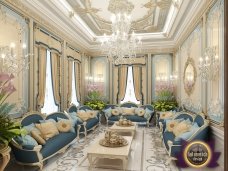 Modern classic style living room with golden furniture, bright mosaic decor and elegant ceiling design.