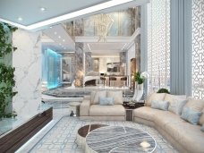 Modern classic design of a luxury living room with an elegant sofa and decorative elements that create a cozy atmosphere.