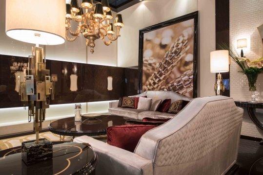 Exquisite modern bedroom with dark wood flooring, gorgeous lighting, and elegant furniture - perfect for achieving maximum comfort.