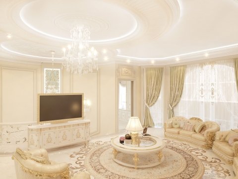 This picture shows an elegantly designed living room with curved armchairs, a luxurious velvet sofa with accent pillows, and a large marble coffee table. The walls have an ornate wallpaper pattern that matches the colors of the furniture, and the ceiling has recessed lighting, giving the room a warm and inviting atmosphere.