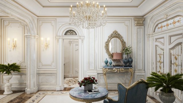 This picture shows a stylish and opulent living room interior design. The room features a luxurious velvet sofa upholstered in a beige color, flanked on either side by two white armchairs with golden frames. In the center of the room is a large glass-top coffee table surrounded by a white fur rug. The walls are adorned with intricate wall paneling painted in a deep burgundy shade, while the artwork displayed on the walls adds a touch of refinement to the aesthetics. The room also features several ornate gold accessories which further accentuate the room's luxurious atmosphere.