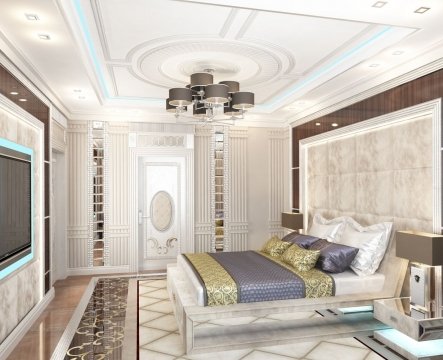 A beautiful and luxurious interior of a bedroom with golden walls and furniture, including a king size bed.