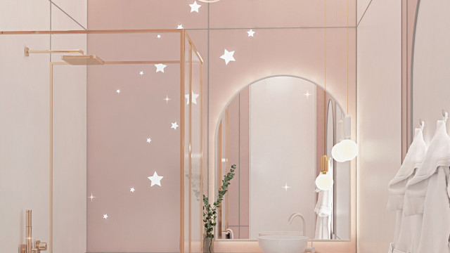 Идея дизайна розовой ванной комнаты