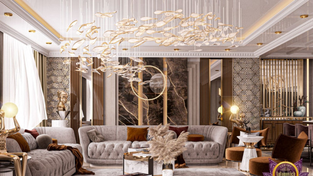 Дизайн интерьера золотисто-коричневой семейной гостиной