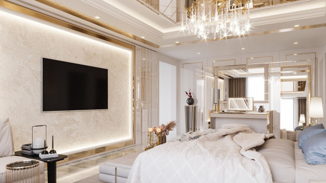 Идеальный дизайн интерьера спальни в золотой тематике
